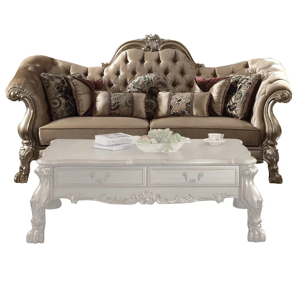 96" Bone Polyurethane, Velvet And Gold Sofa With Seven Toss Pillows