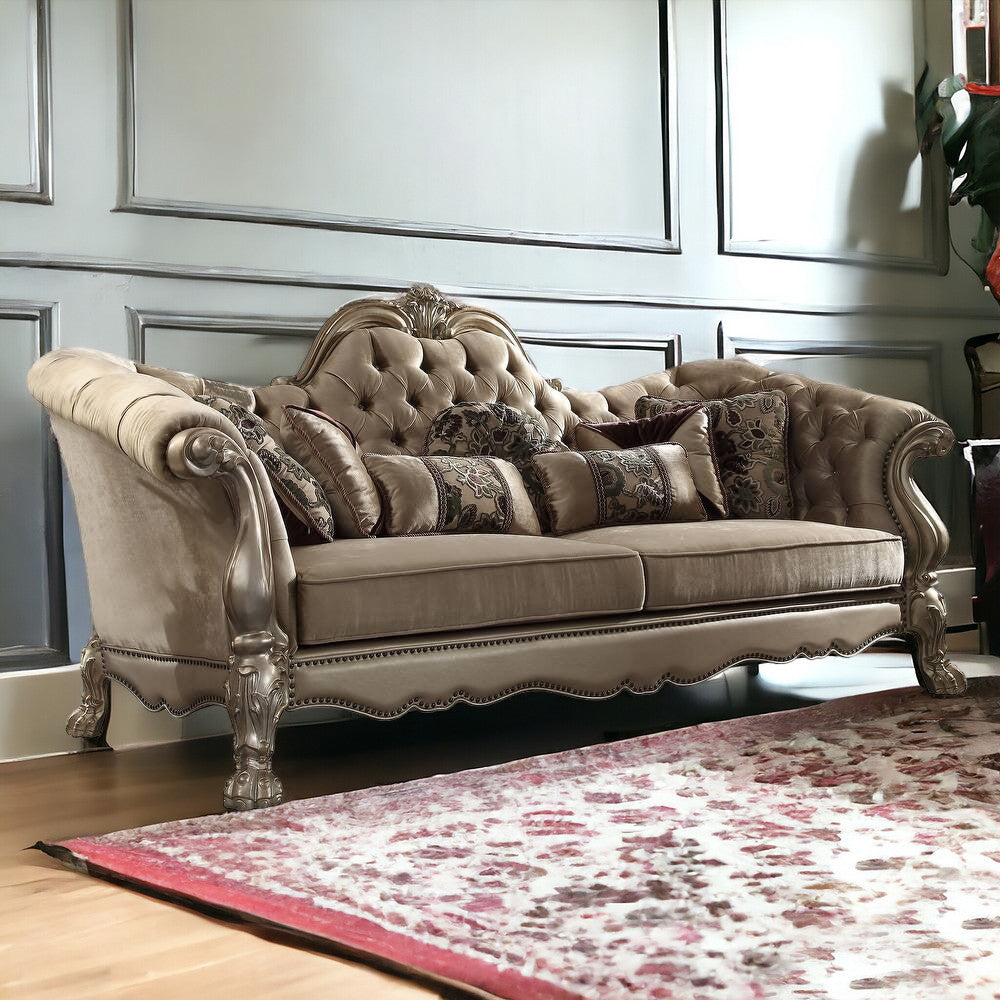 96" Bone Polyurethane, Velvet And Gold Sofa With Seven Toss Pillows