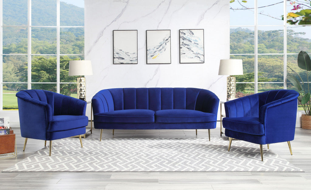 78" Blue Velvet And Gold Sofa