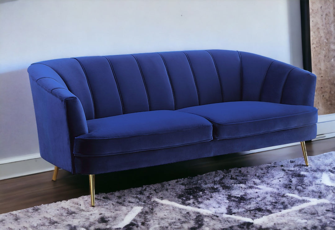 78" Blue Velvet And Gold Sofa