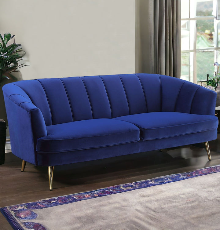 78" Blue Velvet And Gold Sofa