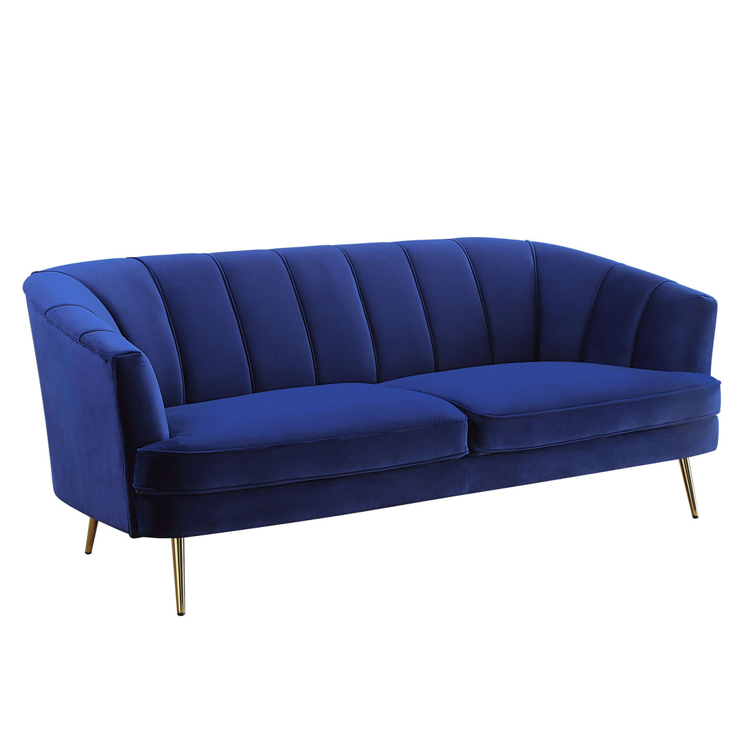 78" Blue Velvet And Gold Sofa