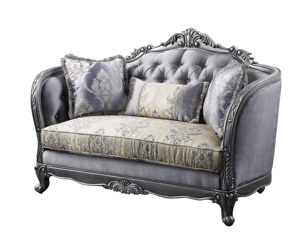 65" Gray Silver And Platinum Silk Blend Loveseat and Toss Pillows