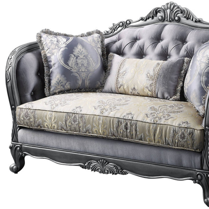 65" Gray Silver And Platinum Silk Blend Loveseat and Toss Pillows