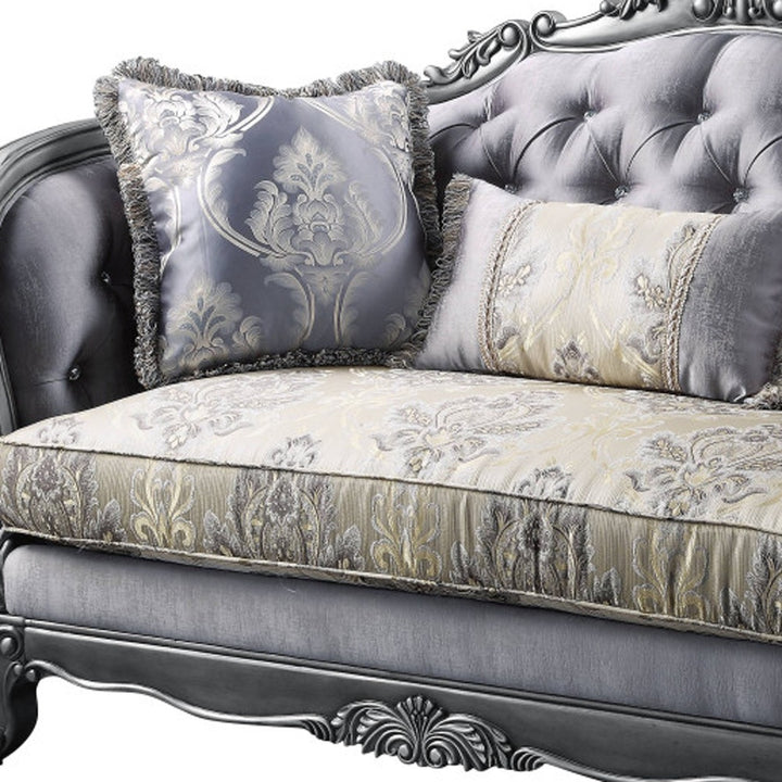 65" Gray Silver And Platinum Silk Blend Loveseat and Toss Pillows