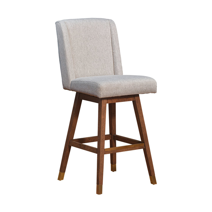 30" Taupe And Brown Solid Wood Swivel Bar Chair