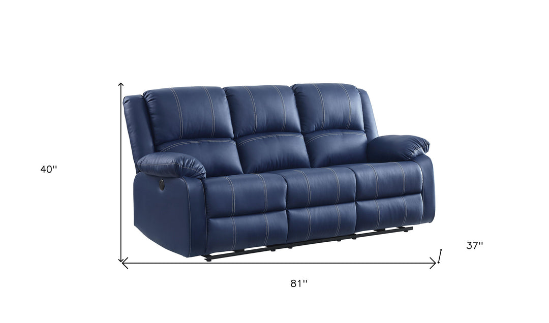 81" Blue And Black Faux Leather Reclining USB Sofa