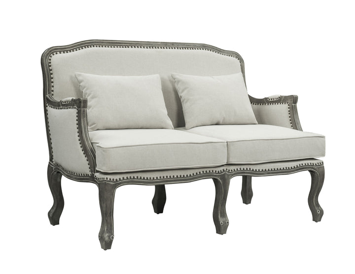 56" Cream And Gray Linen Loveseat and Toss Pillows