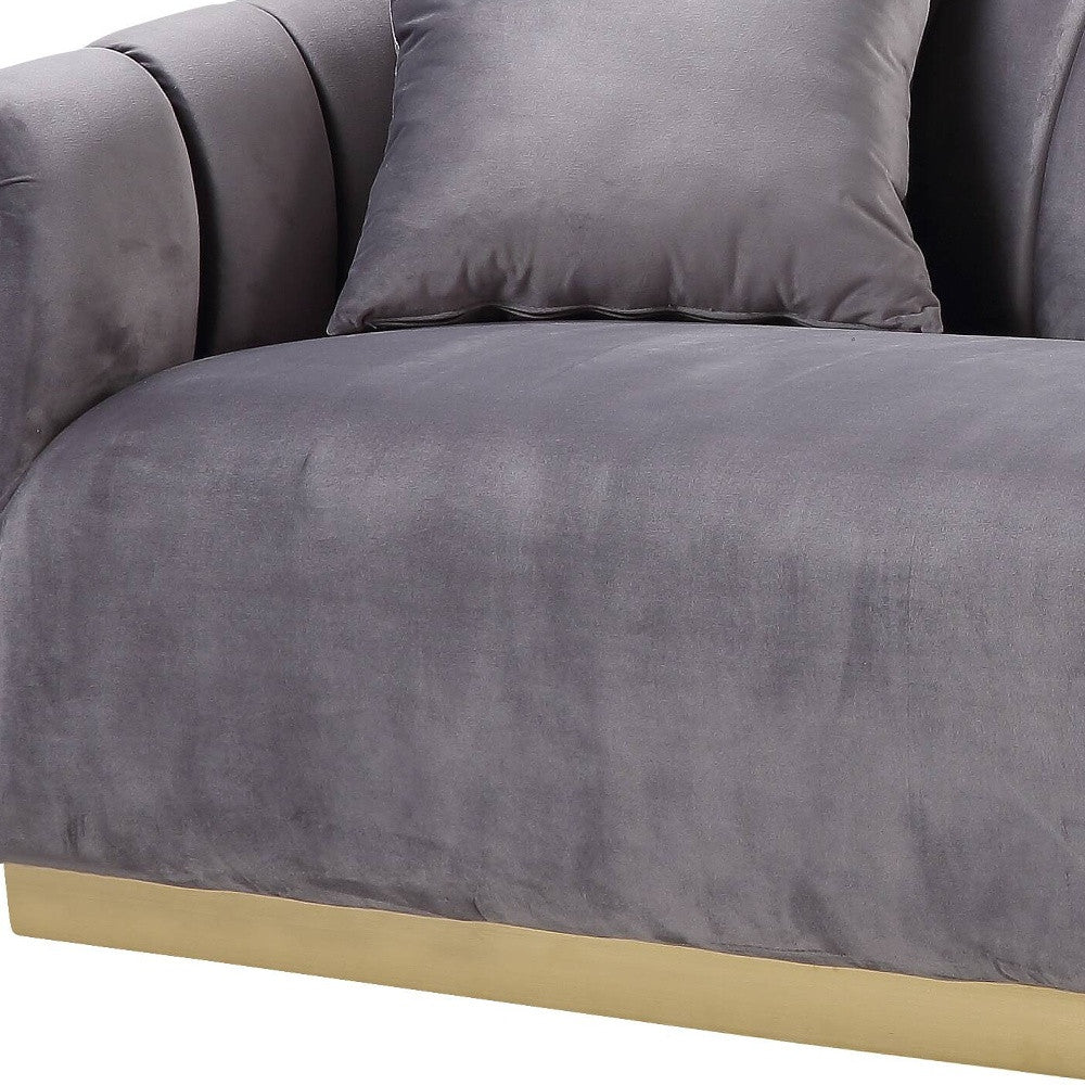 84" Gray Velvet And Gold Sofa With Two Toss Pillows