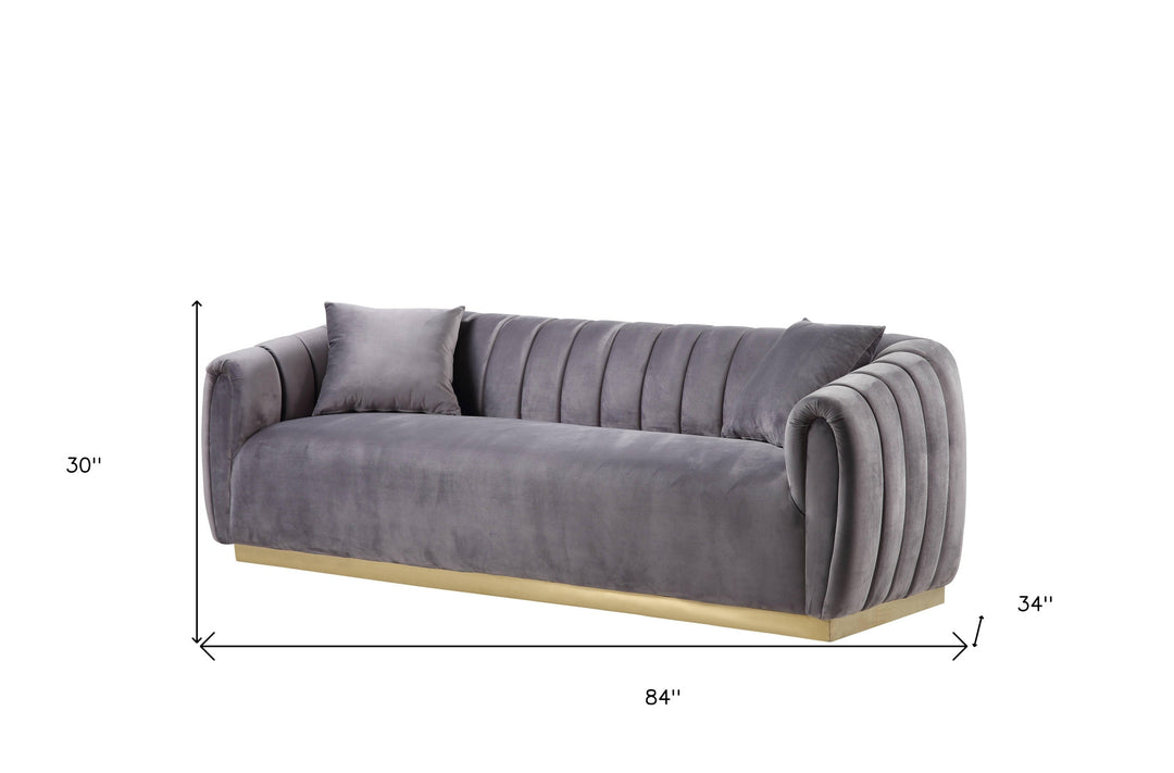 84" Gray Velvet And Gold Sofa With Two Toss Pillows