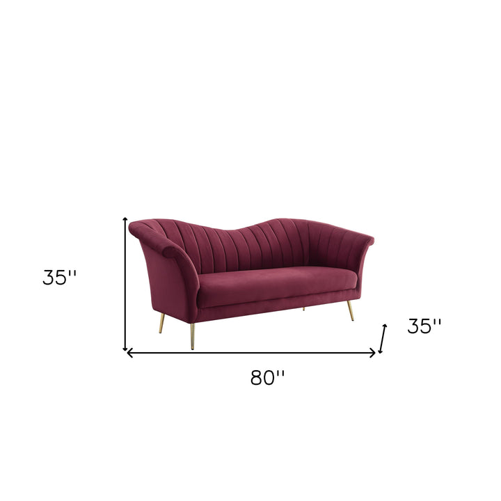 80" Red And Gold Velvet Sofa