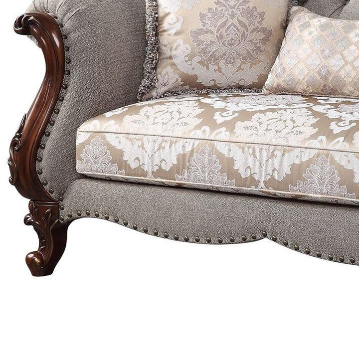 72" Beige And Dark Brown Linen Loveseat and Toss Pillows