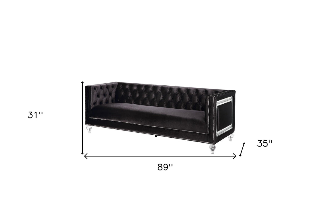 89" Black And Clear Velvet Sofa And Toss Pillows