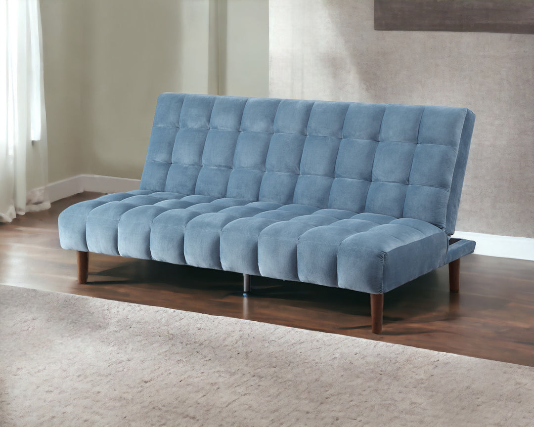 76" Teal Velvet And Wood Brown Sleeper Sofa