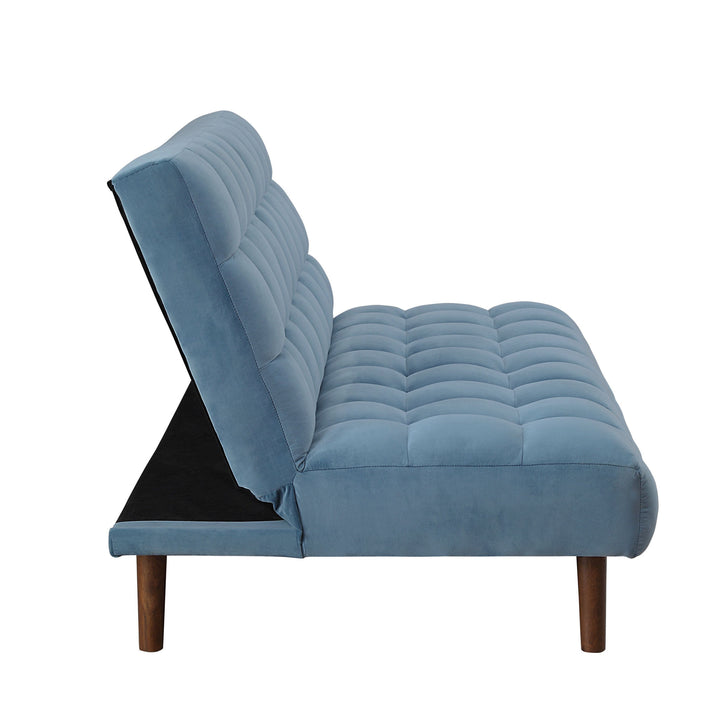 76" Teal Velvet And Wood Brown Sleeper Sofa