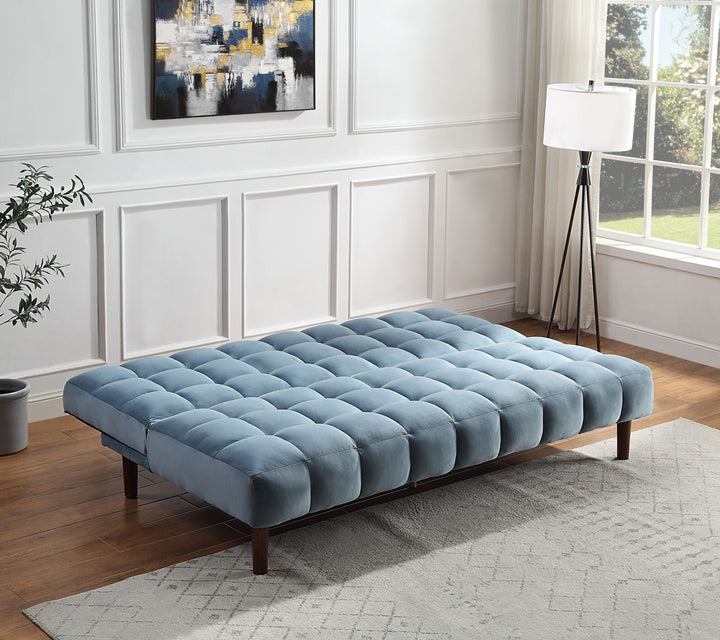 76" Teal Velvet And Wood Brown Sleeper Sofa