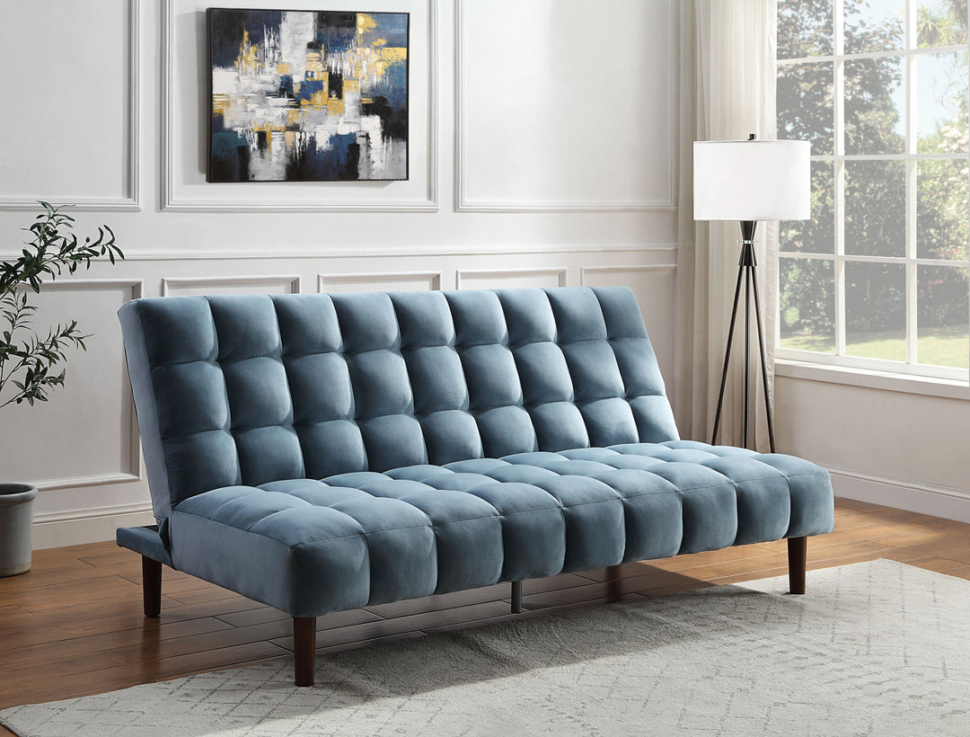 76" Teal Velvet And Wood Brown Sleeper Sofa