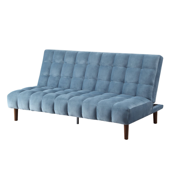 76" Teal Velvet And Wood Brown Sleeper Sofa