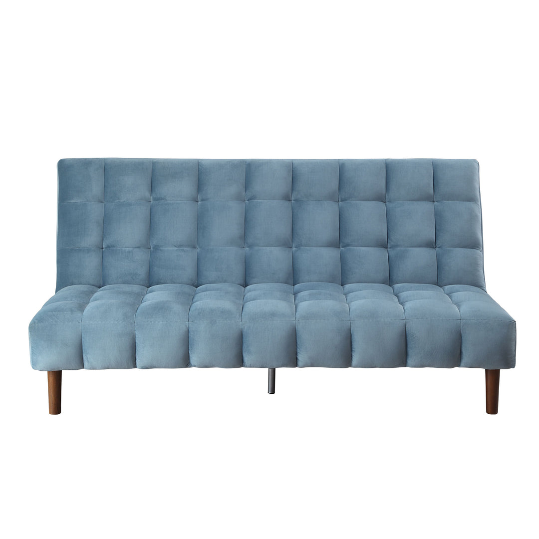 76" Teal Velvet And Wood Brown Sleeper Sofa