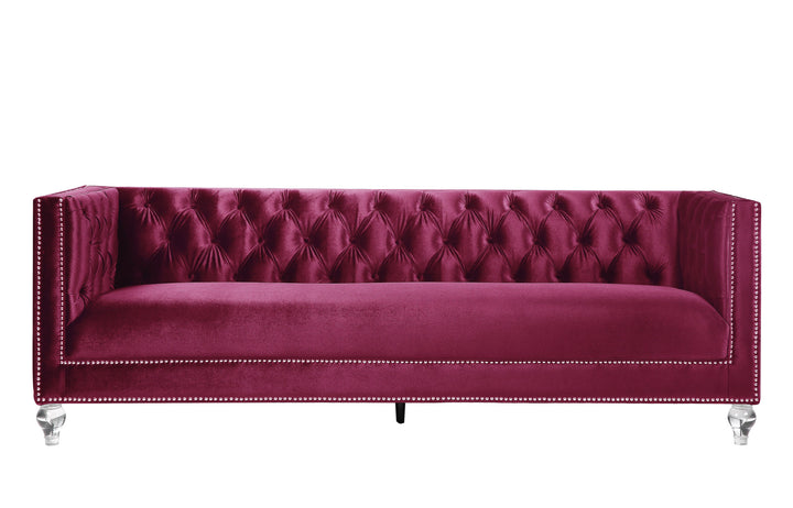 89" Burgundy And Black Velvet Sofa And Toss Pillows