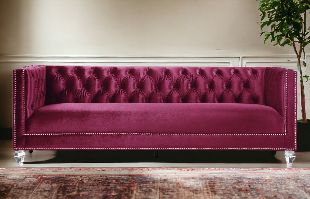 89" Burgundy And Black Velvet Sofa And Toss Pillows