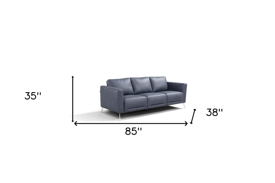 85" Blue Leather And Black Sofa