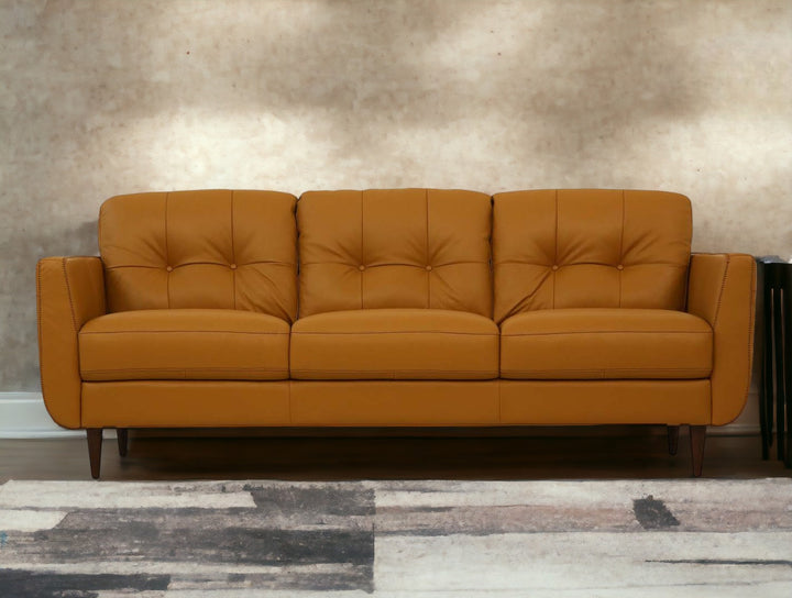 83" Camel Leather And Black Sofa