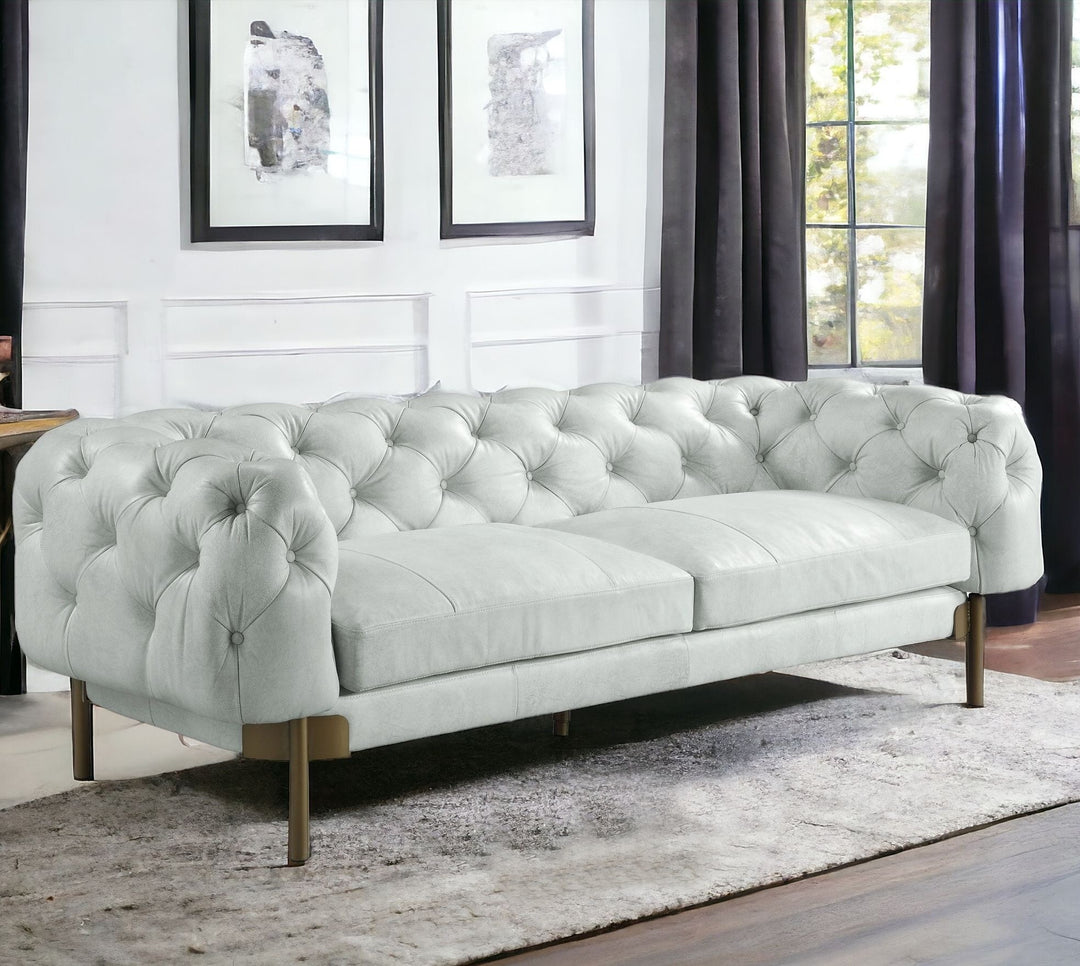 96" Vintage White Top Grain Leather And Gold Sofa