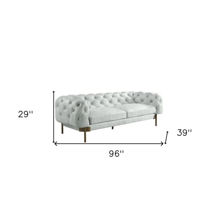 96" Vintage White Top Grain Leather And Gold Sofa