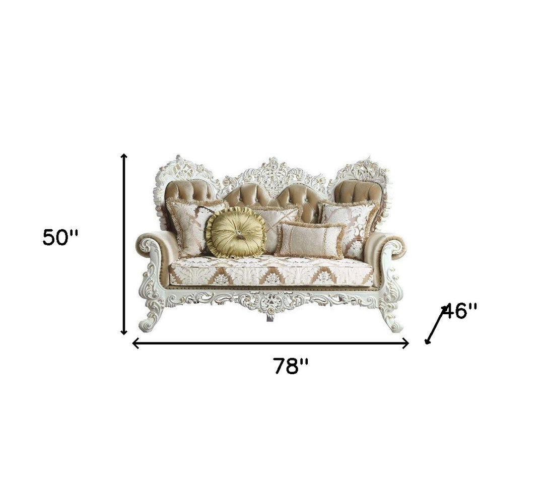 78" Brown And White Loveseat and Toss Pillows