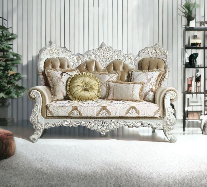 78" Brown And White Loveseat and Toss Pillows