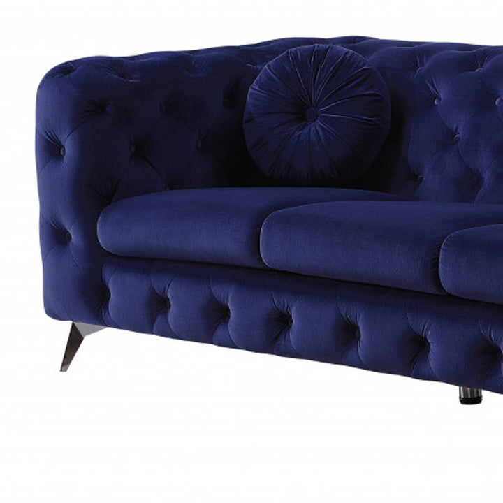 90" Blue And Silver Velvet Sofa