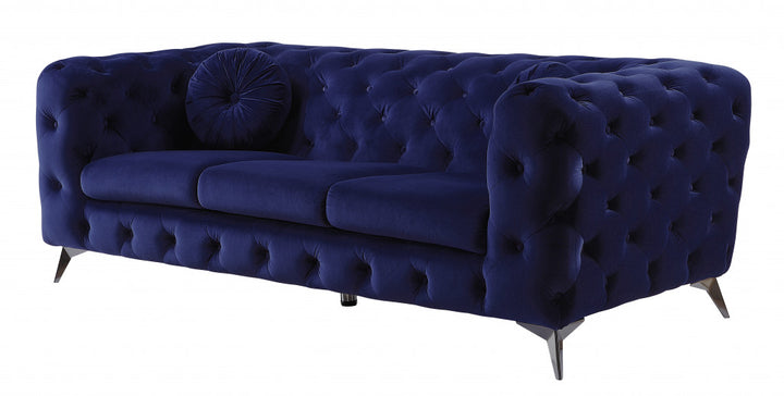 90" Blue And Silver Velvet Sofa