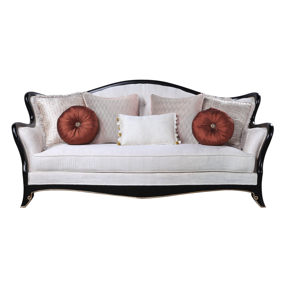 86" Beige And Black Sofa With Seven Toss Pillows