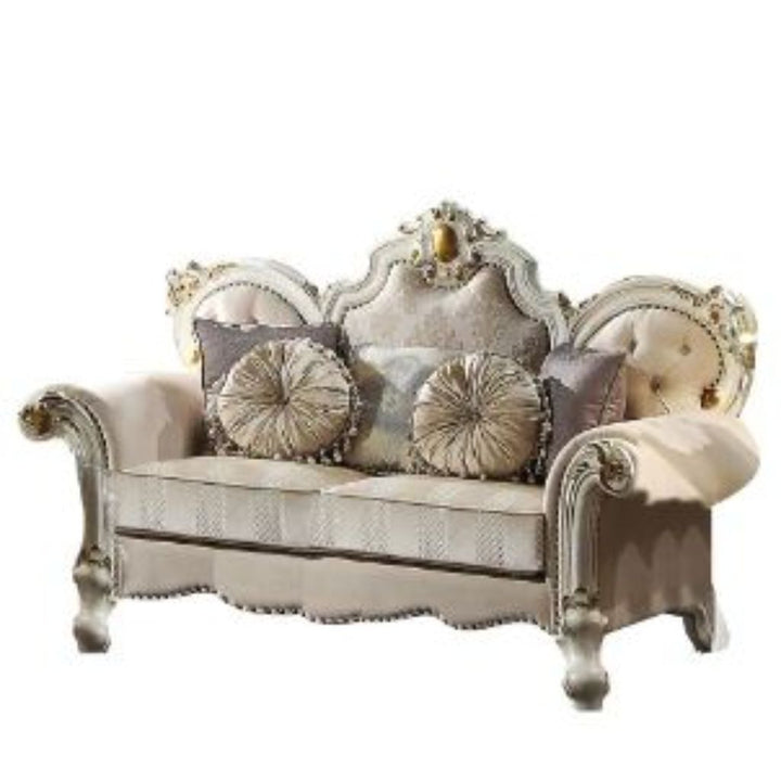 70" Gold And Pearl Velvet Loveseat and Toss Pillows