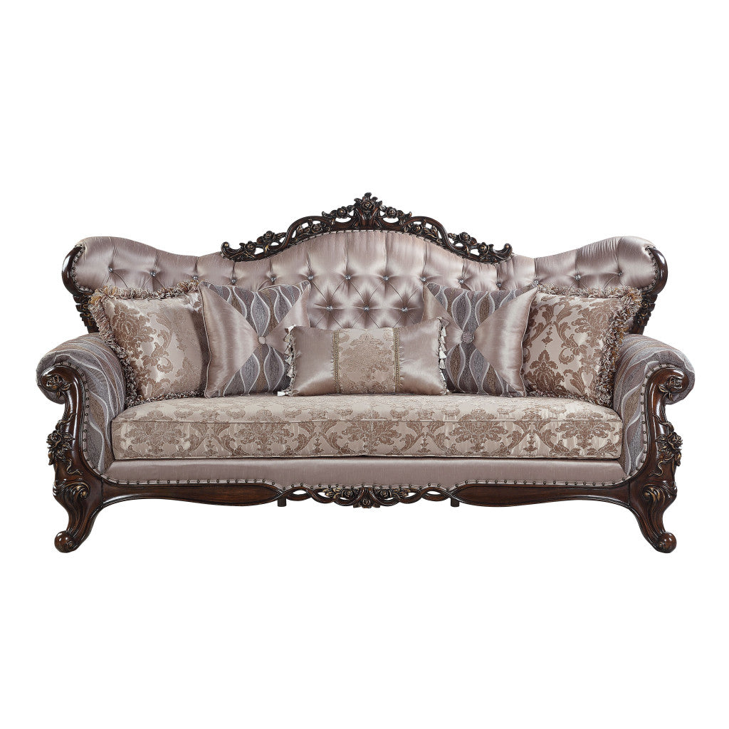 92" Champagne Imitation silk Sofa With Five Toss Pillows