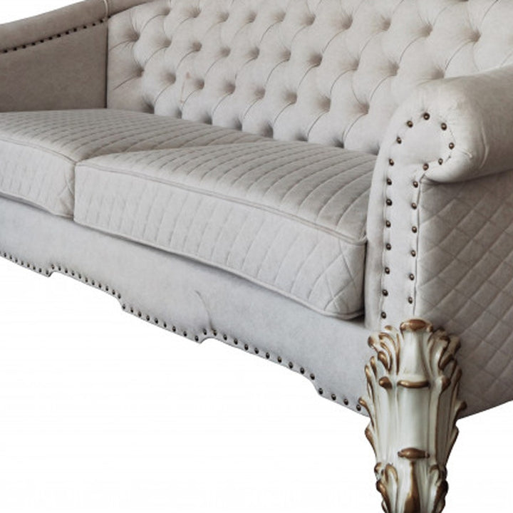 89" Ivory Velvet And Pearl Sofa With Six Toss Pillows