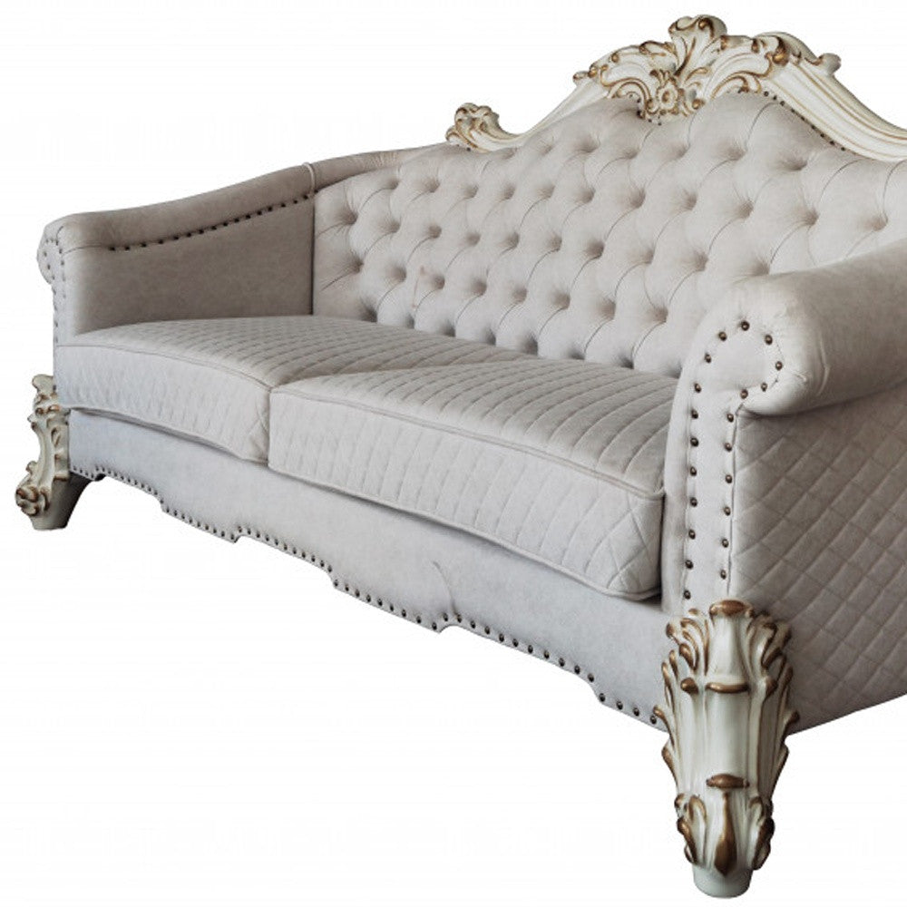 89" Ivory Velvet And Pearl Sofa With Six Toss Pillows