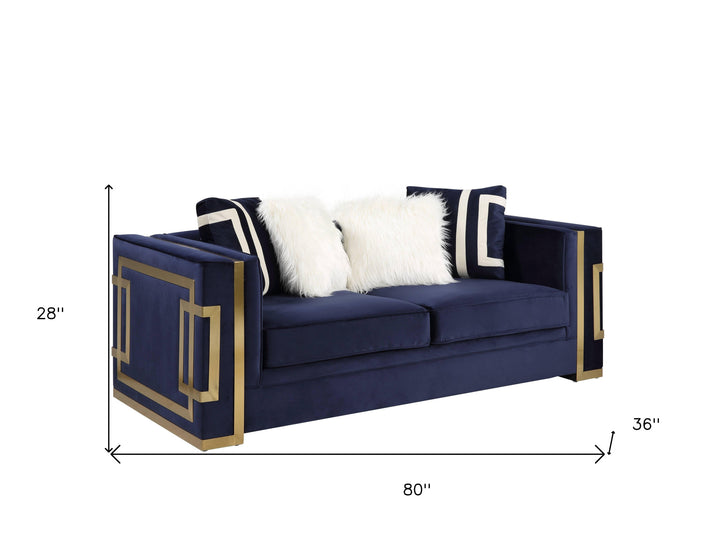 80" Blue And Gold Velvet Loveseat and Toss Pillows