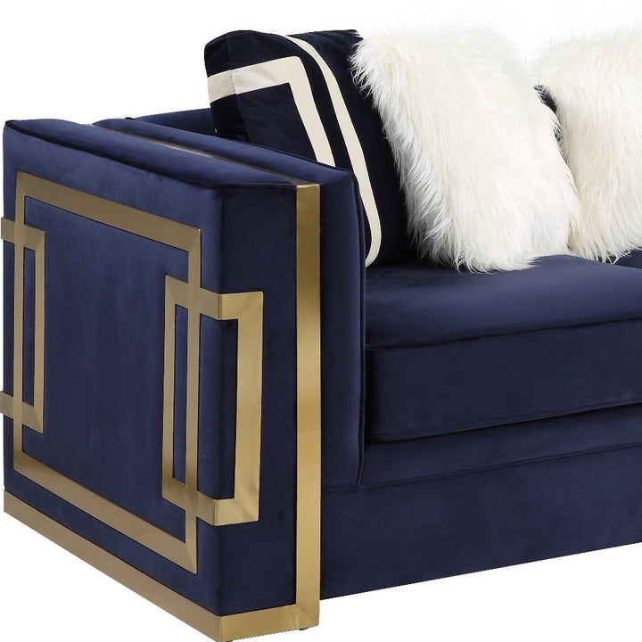 80" Blue And Gold Velvet Loveseat and Toss Pillows