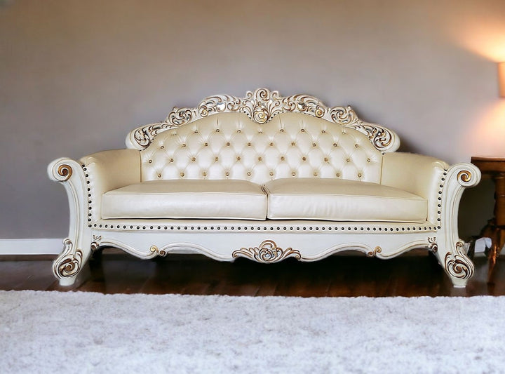 96" Champagne Faux Leather And Pearl Sofa With Five Toss Pillows