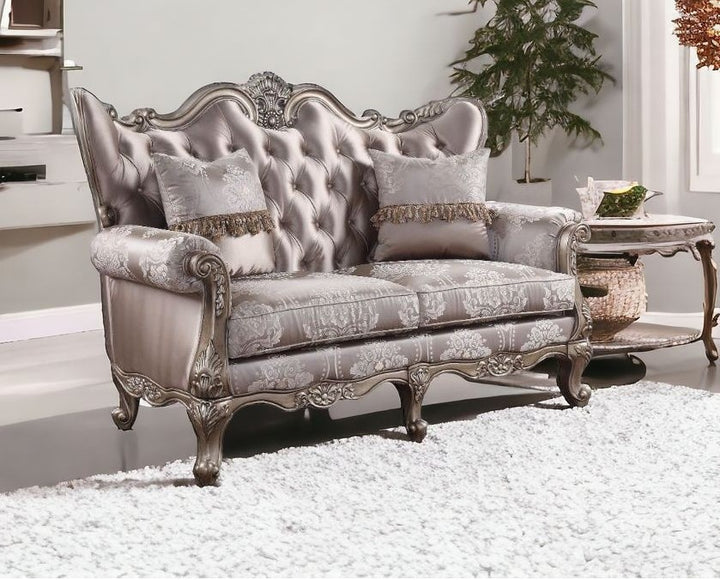 68" Pink And Platinum Silk Blend Loveseat and Toss Pillows