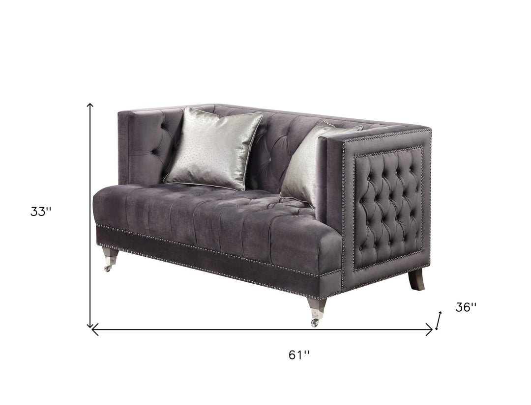 61" Gray And Silver Velvet Loveseat and Toss Pillows