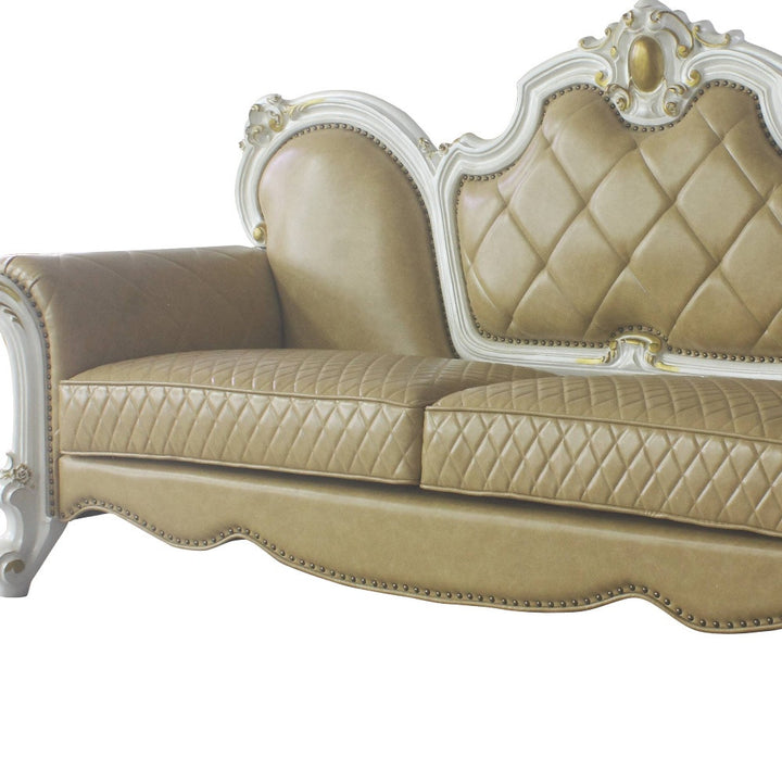 93" Butterscotch Faux Leather And Pearl Sofa With Five Toss Pillows