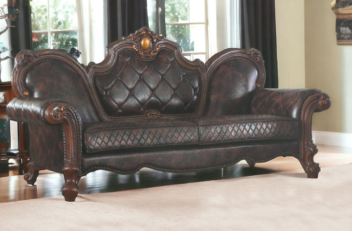 93" Dark Brown Faux Leather Sofa With Three Toss Pillows