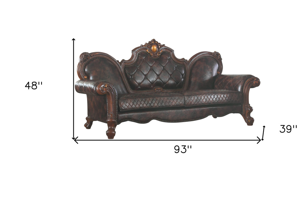 93" Dark Brown Faux Leather Sofa With Three Toss Pillows