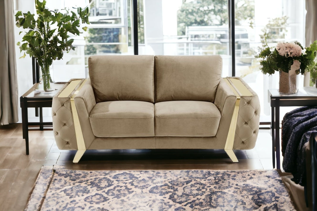 72" Beige And Gold Velvet Love Seat