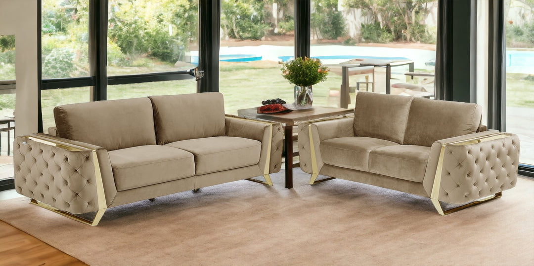 Two Piece Indoor Beige Velvet Five Person Seating Set