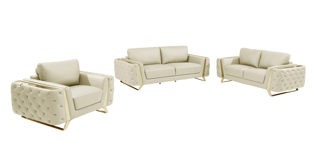 Three Piece Indoor Beige Italian Leather Six Person Seating Set