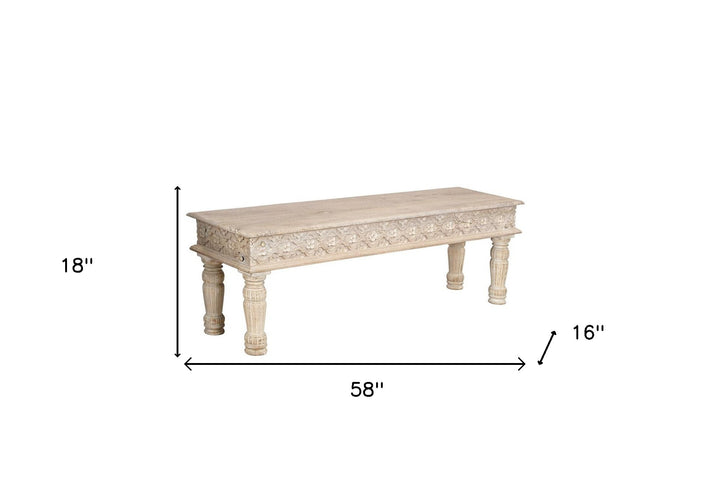 58" White Distressed Solid Wood Dining bench